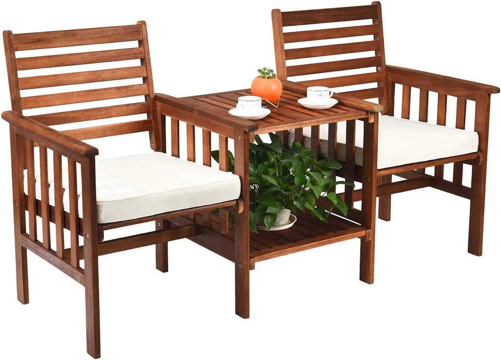 COSTWAY Gartenbank Holz Mit Doppelsitz Und Beistelltisch, Holzbank Bis 350kg Sitzbank Inkl. Kissen & Schirmloch, Terrassenbank Für Balkon, Garten, Veranda 1 COSTWAY Gartenbank Holz Mit Doppelsitz Und Beistelltisch, Holzbank Bis 350kg Sitzbank Inkl. Kissen & Schirmloch, Terrassenbank Für Balkon, Garten, Veranda