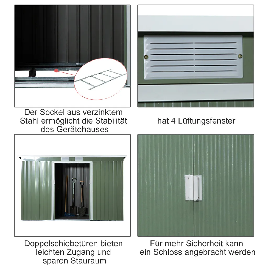 Outsunny Gerätehaus, Gartenhaus, Geräteschuppen Mit Schiebetür, Lüftungsfenster, Pultdach, Outdoor, Stahl, Hellgrün, 277 X 130 X 173 Cm 4 Outsunny Gerätehaus, Gartenhaus, Geräteschuppen Mit Schiebetür, Lüftungsfenster, Pultdach, Outdoor, Stahl, Hellgrün, 277 X 130 X 173 Cm – Bild 4