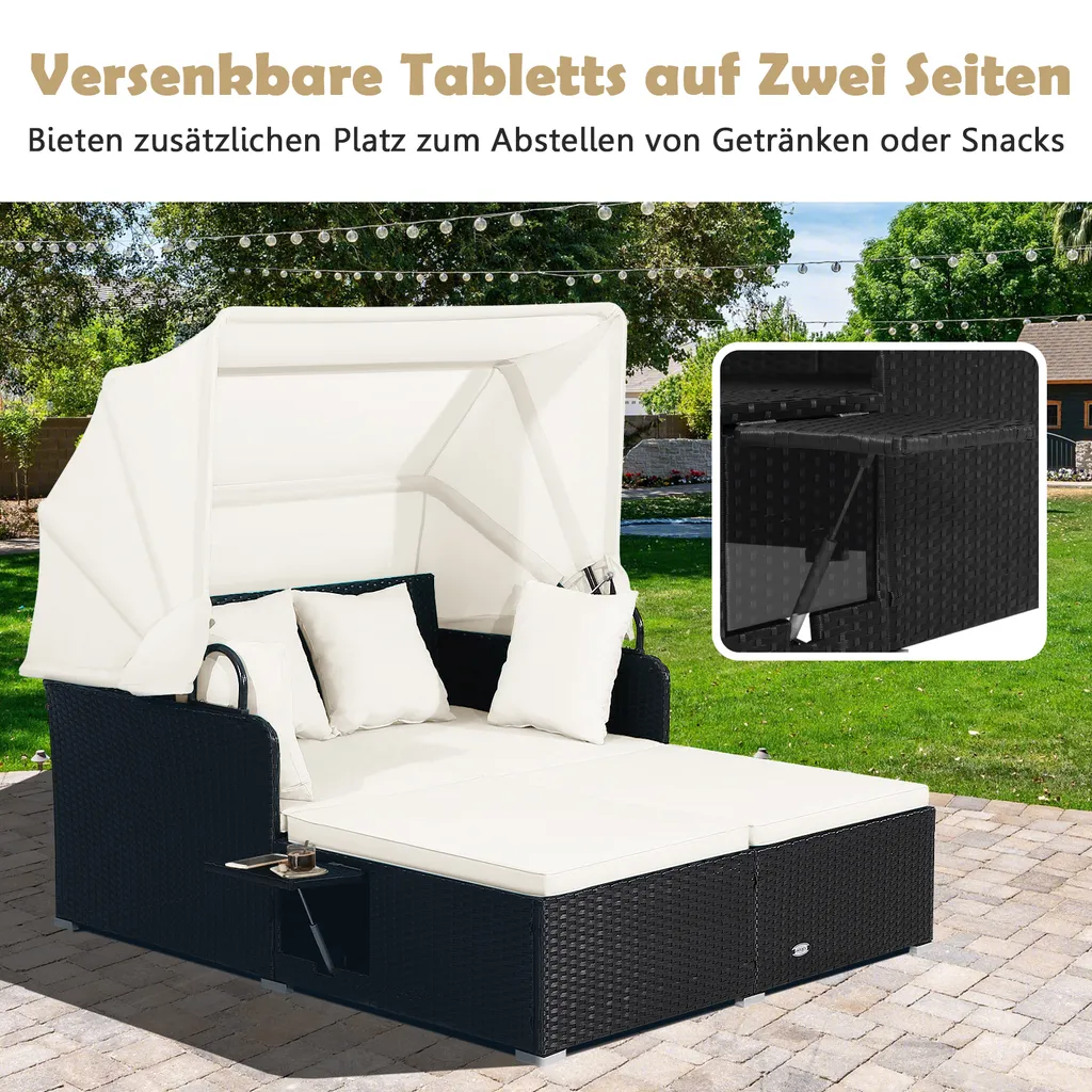 COSTWAY Rattan Sonnenliege Mit Einziehbarem Baldachin, 2-Personen Gartenliege Mit Klappbaren Tablett & Sitzkissen & Rückenkissen, Gartenlounge Terrassenmöbel Für Garten, Hinterhof 3 COSTWAY Rattan Sonnenliege Mit Einziehbarem Baldachin, 2-Personen Gartenliege Mit Klappbaren Tablett & Sitzkissen & Rückenkissen, Gartenlounge Terrassenmöbel Für Garten, Hinterhof – Bild 3