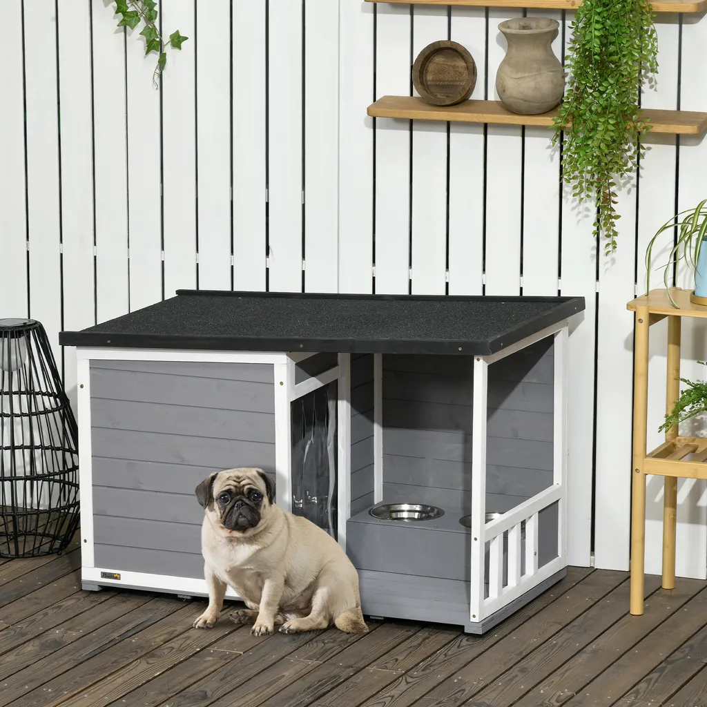 PawHut Hundehütte, Tannenholz, Hundehaus Mit 2 Schüsseln Und Terrasse, Kleintierhaus Für Kleine Hunde Mit Asphaltdach, Erhöhtes Design, Outdoor, Wetterbeständig, Grau, 103 X 62 X 60-66 Cm 2 PawHut Hundehütte, Tannenholz, Hundehaus Mit 2 Schüsseln Und Terrasse, Kleintierhaus Für Kleine Hunde Mit Asphaltdach, Erhöhtes Design, Outdoor, Wetterbeständig, Grau, 103 X 62 X 60-66 Cm – Bild 2