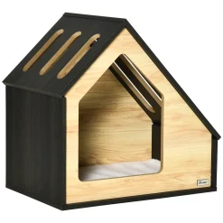 Pawhut Hundehütte Aus Holz Indoor Katzenhöhle Katzenhaus Hundeschlafplatz Mit Kissen Hundehaus Hundehöhle Mit Schrägem Dach Für Kleine Hunde Bis 8 Kg 60 X 40 X 59,2 Cm