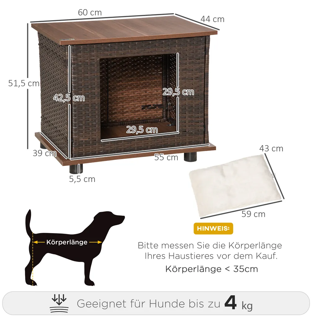 PawHut Rattan Hundehütte Hundehaus Mit Kissen Hundehöhle Hundematratze Haustierbett Für Drinnen Und Draußen Spanplatte Braun 60 X 44 X 51,5 Cm 3 PawHut Rattan Hundehütte Hundehaus Mit Kissen Hundehöhle Hundematratze Haustierbett Für Drinnen Und Draußen Spanplatte Braun 60 X 44 X 51,5 Cm – Bild 3