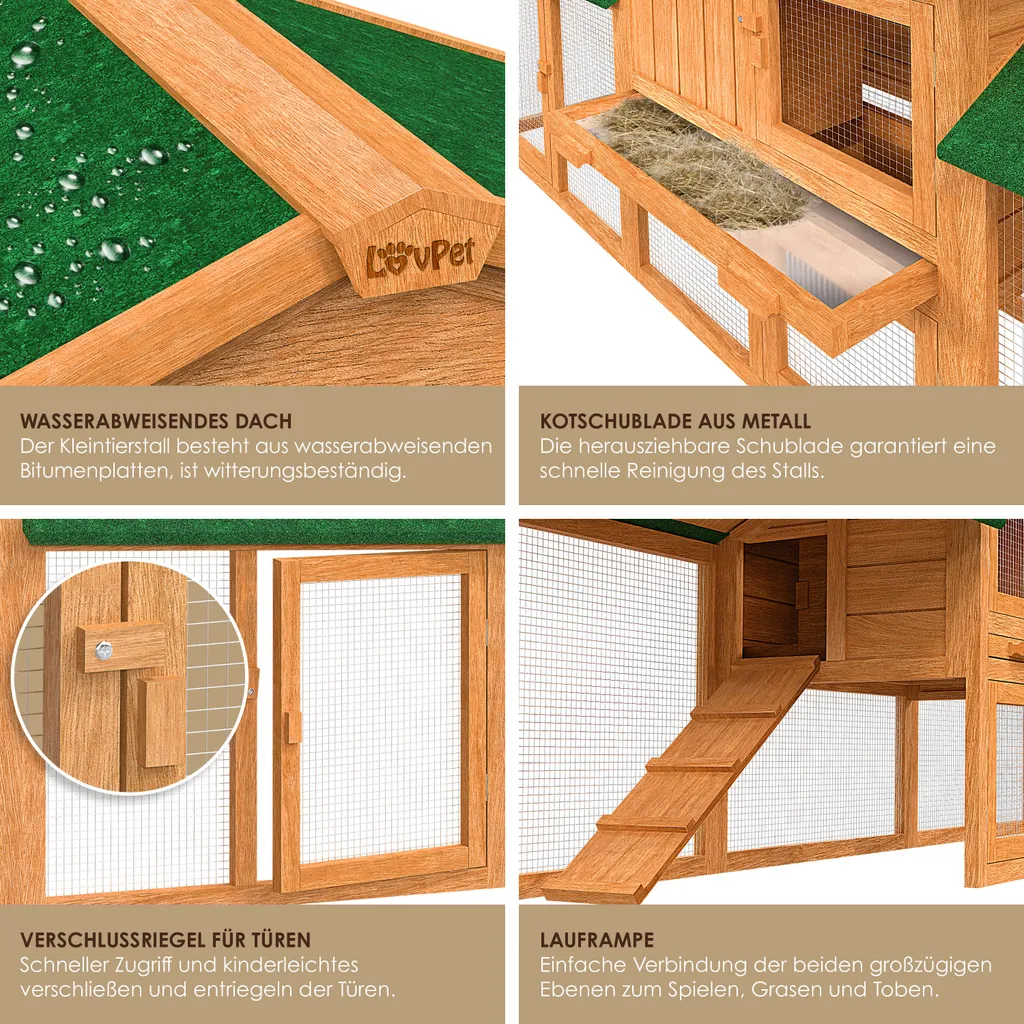 LOVPET® Kaninchenstall Hasenstall XXL Kleintiergehege Premium - Große Für Bis 4 Hasen Doppelstockhaus - 2 Ebenen - Hasenkäfig Meerschweinchen Freilauf Garten - Winterfest Holz 220x50x86 Cm, Farbe:Braun 5 LOVPET® Kaninchenstall Hasenstall XXL Kleintiergehege Premium - Große Für Bis 4 Hasen Doppelstockhaus - 2 Ebenen - Hasenkäfig Meerschweinchen Freilauf Garten - Winterfest Holz 220x50x86 Cm, Farbe:Braun – Bild 5