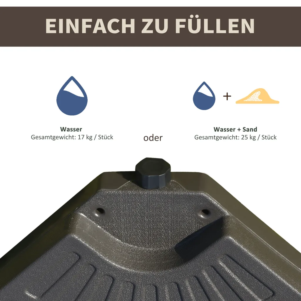 Outsunny Schirmgewicht 4-tlg. Schirmständer Mit 17 Kg Wasser Oder 25 Kg Sand Befüllbar HDPE Kaffee 100 X 100 X 10,5 Cm 4 Outsunny Schirmgewicht 4-tlg. Schirmständer Mit 17 Kg Wasser Oder 25 Kg Sand Befüllbar HDPE Kaffee 100 X 100 X 10,5 Cm – Bild 4