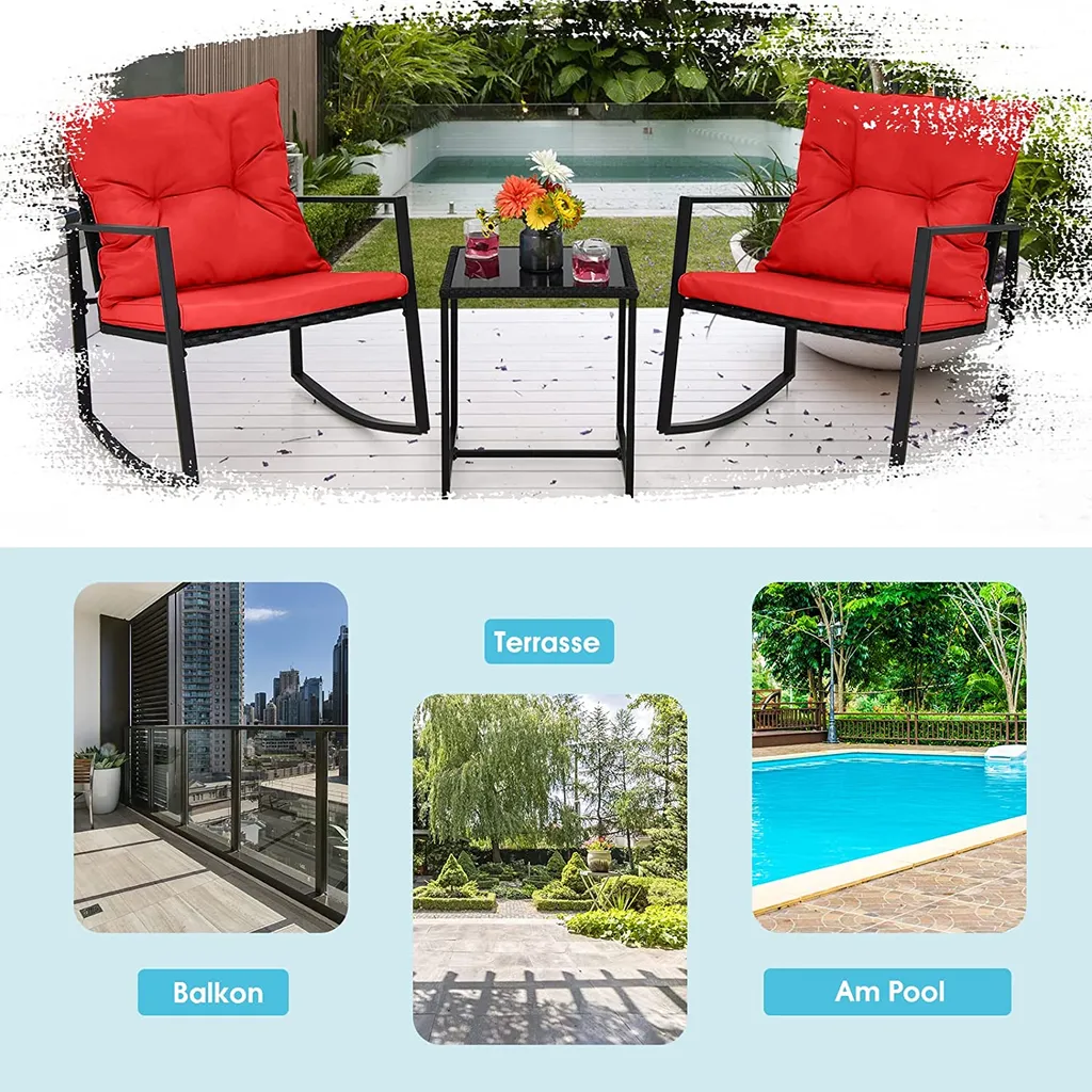 COSTWAY 3-teiliges Gartenmöbel-Set, Balkonmöbel, Tisch Und 2 Schaukelstühle, Sitzgruppe Terrassenmöbel Mit Kissen Für Garten, Hinterhof, Balkon (Rot) 2 COSTWAY 3-teiliges Gartenmöbel-Set, Balkonmöbel, Tisch Und 2 Schaukelstühle, Sitzgruppe Terrassenmöbel Mit Kissen Für Garten, Hinterhof, Balkon (Rot) – Bild 2