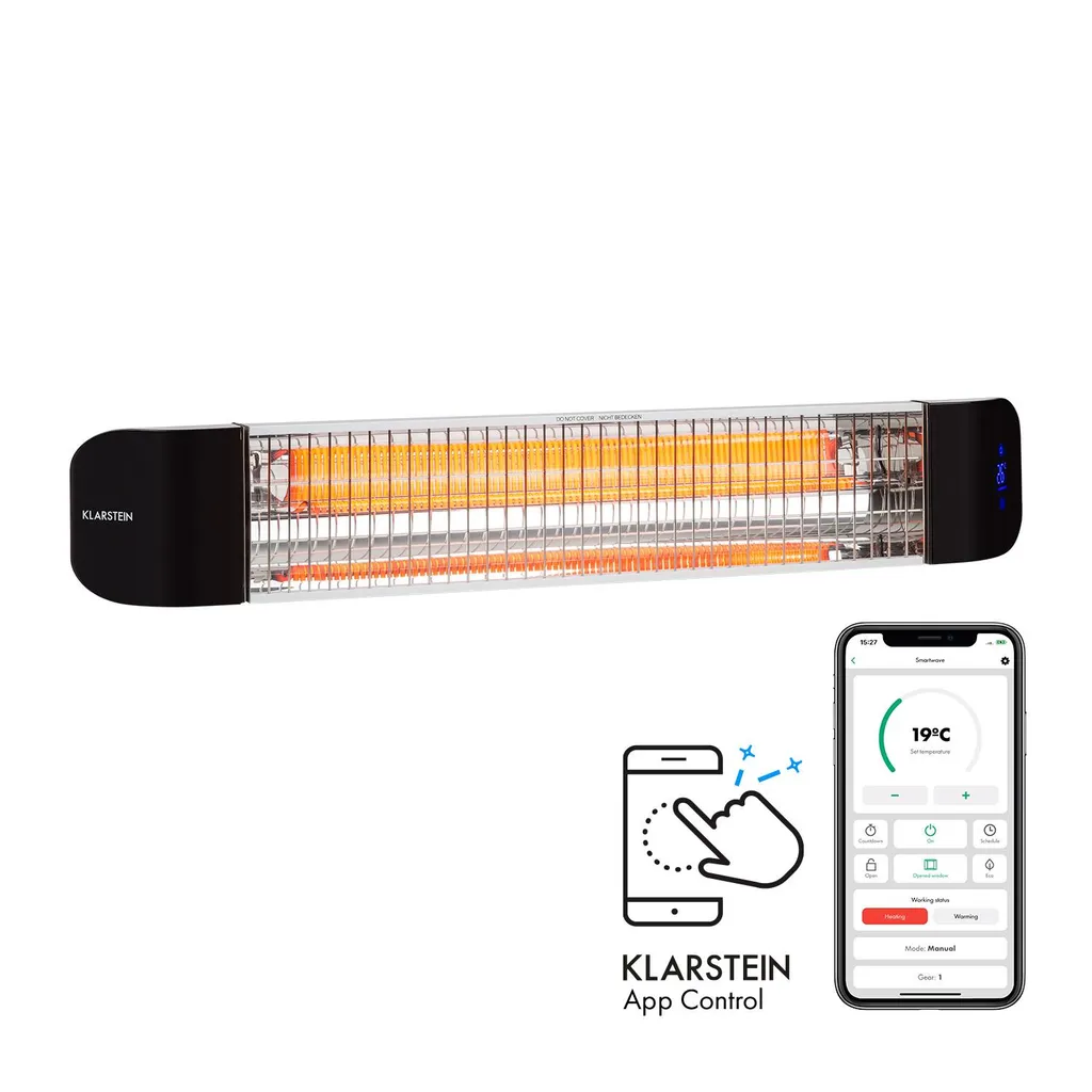Klarstein Smartwave Infrarot-Heizstrahler Terrassenheizstrahler , IR ComfortHeat , Carbonfaserröhre , 2400 Watt , Thermostat , Appsteuerung , OpenWindow Detection , Indoor & Outdoor , IP65 , Wand- Oder Deckenmontage , Aluminiumgehäuse , Fernbedienung , Weiß 1 Klarstein Smartwave Infrarot-Heizstrahler Terrassenheizstrahler , IR ComfortHeat , Carbonfaserröhre , 2400 Watt , Thermostat , Appsteuerung , OpenWindow Detection , Indoor & Outdoor , IP65 , Wand- Oder Deckenmontage , Aluminiumgehäuse , Fernbedienung , Weiß
