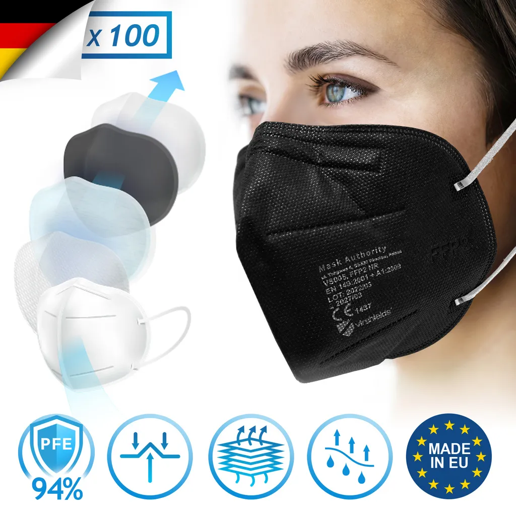 Virshields® FFP2 Mundschutz Maske - PFE 94%, EN 149:2001+A1:2009, 5 Lagen, 10-2000 Stück, Filtrierend, EU, Farbwahl - Halbmaske, Atemschutzmaske, Schutzmaske (100 Stück, Schwarz) 2 Virshields® FFP2 Mundschutz Maske - PFE 94%, EN 149:2001+A1:2009, 5 Lagen, 10-2000 Stück, Filtrierend, EU, Farbwahl - Halbmaske, Atemschutzmaske, Schutzmaske (100 Stück, Schwarz) – Bild 2