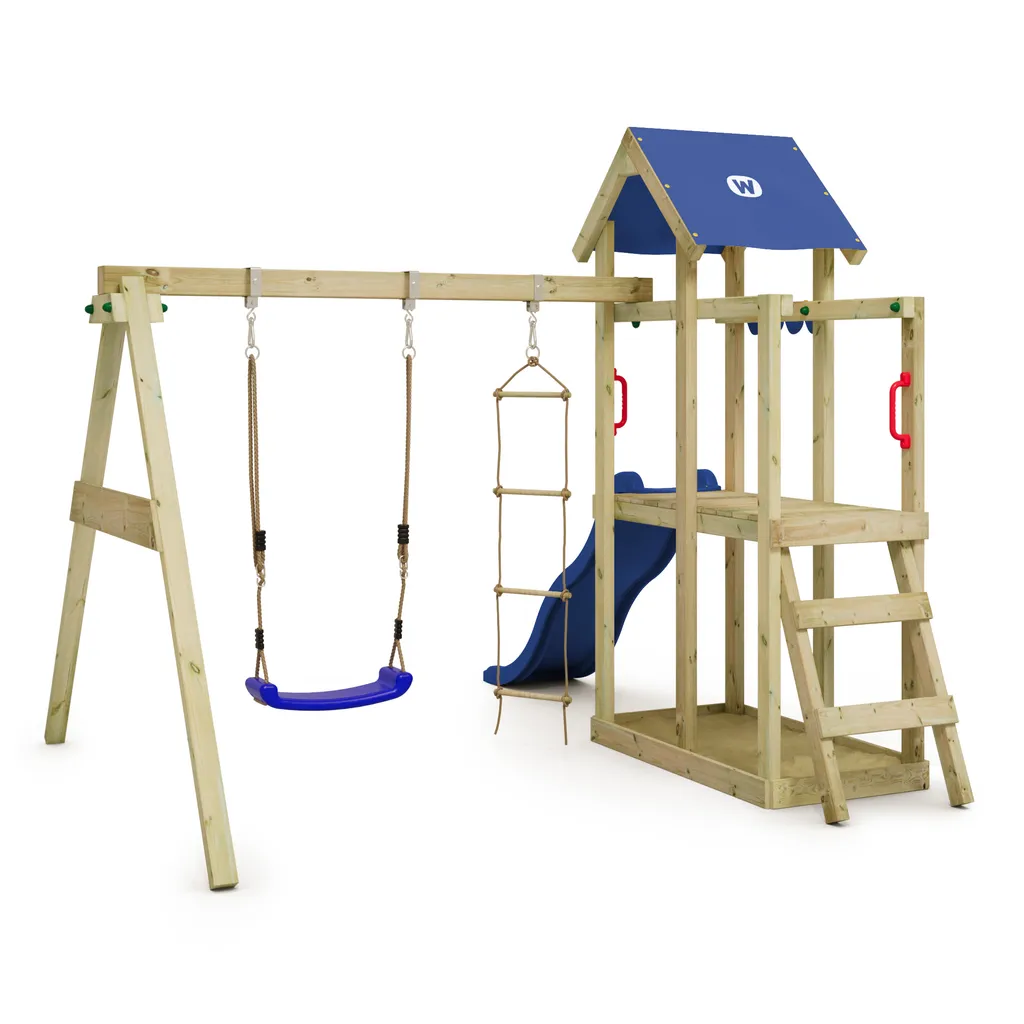 WICKEY Spielturm Klettergerüst TinyPlace Mit Schaukel & Rutsche, Kletterturm Mit Sandkasten, Leiter & Spiel-Zubehör - Blau 2 WICKEY Spielturm Klettergerüst TinyPlace Mit Schaukel & Rutsche, Kletterturm Mit Sandkasten, Leiter & Spiel-Zubehör - Blau – Bild 2