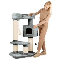 HAPPYPET Massiver PREMIUM Kratzbaum Stabil Für Schwere Katzen Maine Coon | 15 Cm Dicke Sisalstämme | 600g Plüsch | Exklusives Design | Spiel-Tau | Höhe 118 Cm | GRAU