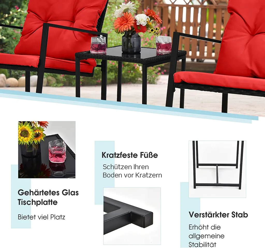 COSTWAY 3-teiliges Gartenmöbel-Set, Balkonmöbel, Tisch Und 2 Schaukelstühle, Sitzgruppe Terrassenmöbel Mit Kissen Für Garten, Hinterhof, Balkon (Rot) 5 COSTWAY 3-teiliges Gartenmöbel-Set, Balkonmöbel, Tisch Und 2 Schaukelstühle, Sitzgruppe Terrassenmöbel Mit Kissen Für Garten, Hinterhof, Balkon (Rot) – Bild 5