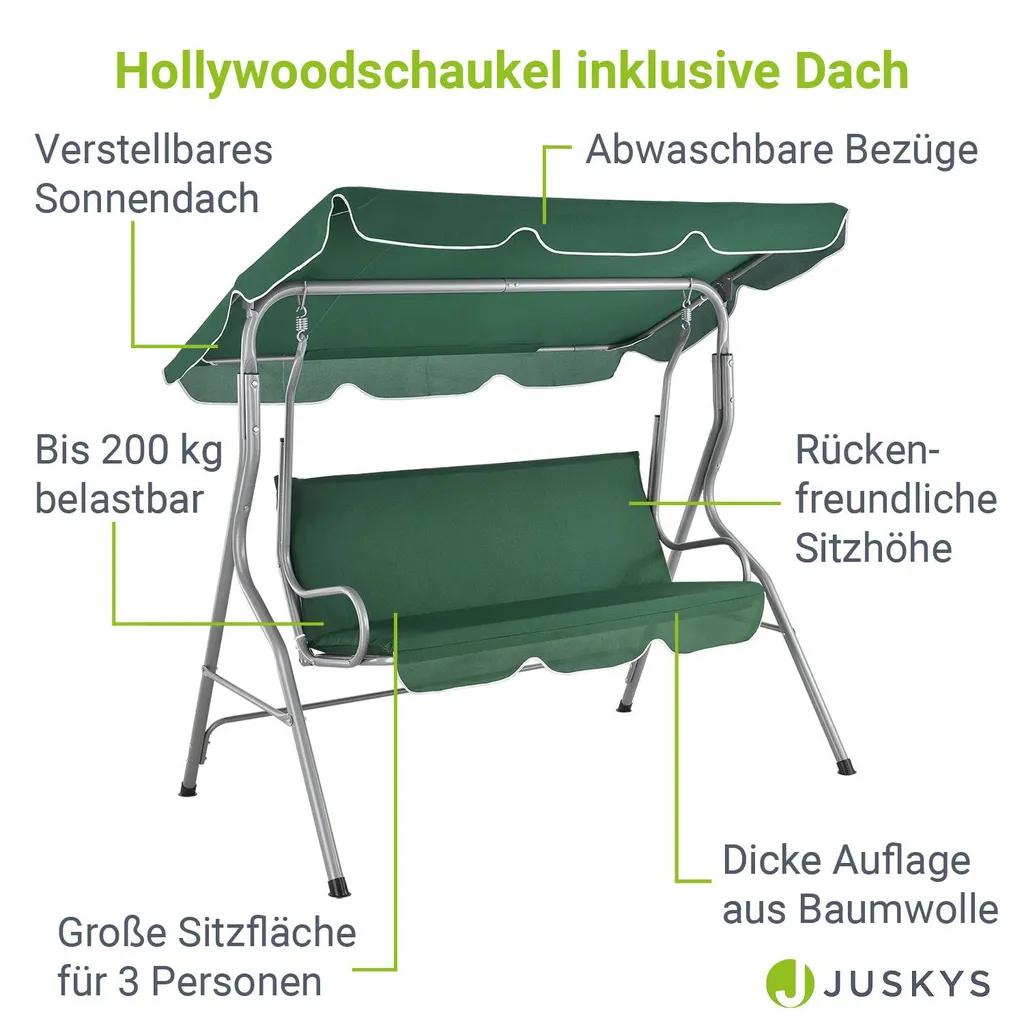 Juskys Hollywoodschaukel 3-Sitzer Mit Dach & Sitzauflage – Gartenschaukel 200 Kg Belastbar – Schaukelbank Für Garten & Terrasse - Grün 3 Juskys Hollywoodschaukel 3-Sitzer Mit Dach & Sitzauflage – Gartenschaukel 200 Kg Belastbar – Schaukelbank Für Garten & Terrasse - Grün – Bild 3
