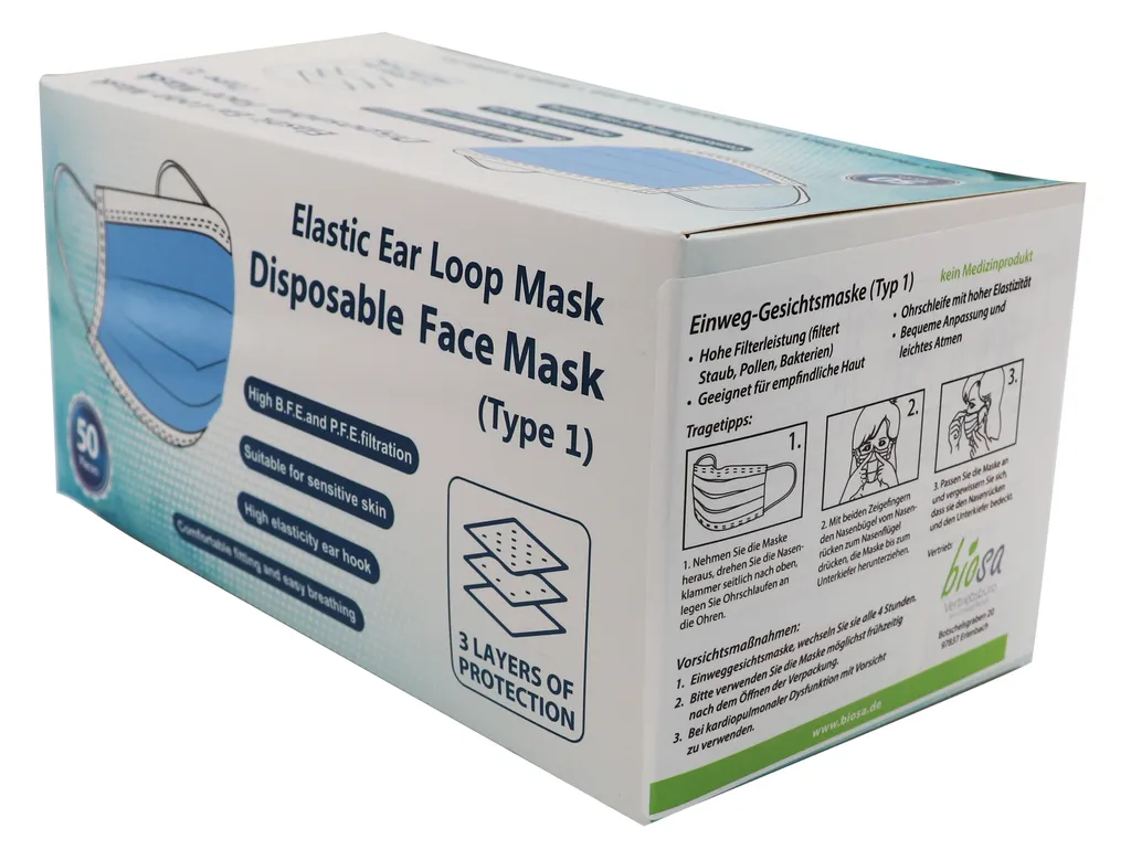 VeGo Group 50 Stück 3-lagige Einwegmasken, Atmungsaktiv, Infektionsschutz, Erhöhte Filterleistung, Mit Nasenklammer, Civil Use 1 VeGo Group 50 Stück 3-lagige Einwegmasken, Atmungsaktiv, Infektionsschutz, Erhöhte Filterleistung, Mit Nasenklammer, Civil Use