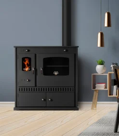 Prometey EEK A+ Kaminofen Mit Backfach Und Herdplatte Perfect Eco 7 KW Kamin Ofen Dauerbrandofen Werkstattofen Schwedenofen Hüttenofen Heizofen