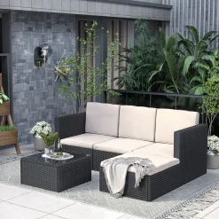 Gartenmöbel Set - Bigzzia Rattan Lounge Set 5 Stück Outdoor Zusammensetzbar Sofa Weidengeflecht Gartenmöbel Sitzgruppe Mit Kissen Und Glastisch Für 4-5 Personen Schwarz