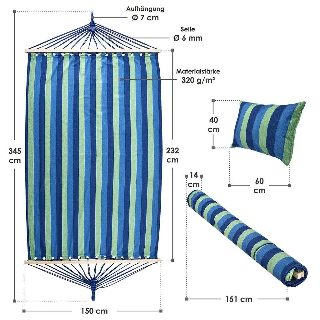 Juskys Hängematte Caracas 230 X 150 Cm In Grün-Blau – Doppelhängematte Aus Baumwolle Für 2 Personen Mit Kissen – Outdoor-Hängematte Bis 300 Kg 2 Juskys Hängematte Caracas 230 X 150 Cm In Grün-Blau – Doppelhängematte Aus Baumwolle Für 2 Personen Mit Kissen – Outdoor-Hängematte Bis 300 Kg – Bild 2