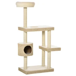 PaPawHut Katzenkratzbaum Katzenspielzeug Kletterbaum Sisal Polster Liegefläche Sisal Samtartiges Polyester Beige+Kaffee 60 X 40 X 135 Cm