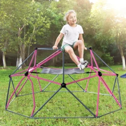 Merax 8FT Klettergerüst Ø 244cm Kletterkuppel Kinder Kletterleiter, Klettergerüst Mit Hängematte, 375 Kg Belastbar, Rosa-Schwarz