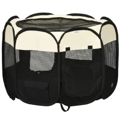 PawHut Welpenlaufstall Tierlaufstall Faltbarer Welpenauslauf Freigehege Laufstall Aus Oxfordstoff Für Kleine Hunde Und Katzen Wasserdicht Tragbar Cremeweiß+Schwarz 92 X 92 X 58 Cm