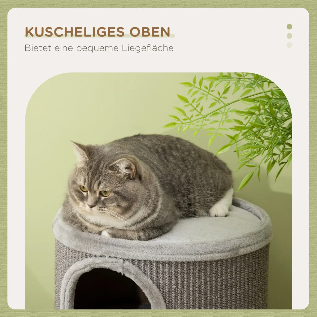 PawHut Kratztonne, Höhe 70 Cm, Spieltonne Für Katzen, 3 Ebenen, Katzenkratzbaum Mit 3 Höhlen, Katzenbaum, Kratzturm Aus Sisal, Katzenmöbel, Plüsch, Hellgrau 5 PawHut Kratztonne, Höhe 70 Cm, Spieltonne Für Katzen, 3 Ebenen, Katzenkratzbaum Mit 3 Höhlen, Katzenbaum, Kratzturm Aus Sisal, Katzenmöbel, Plüsch, Hellgrau – Bild 5