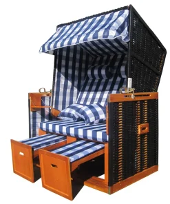 Calamondina XL Wellness Strandkorb Volllieger Liegekorb Mellum Blau Weiß Kariert, 171 Inkl Hülle