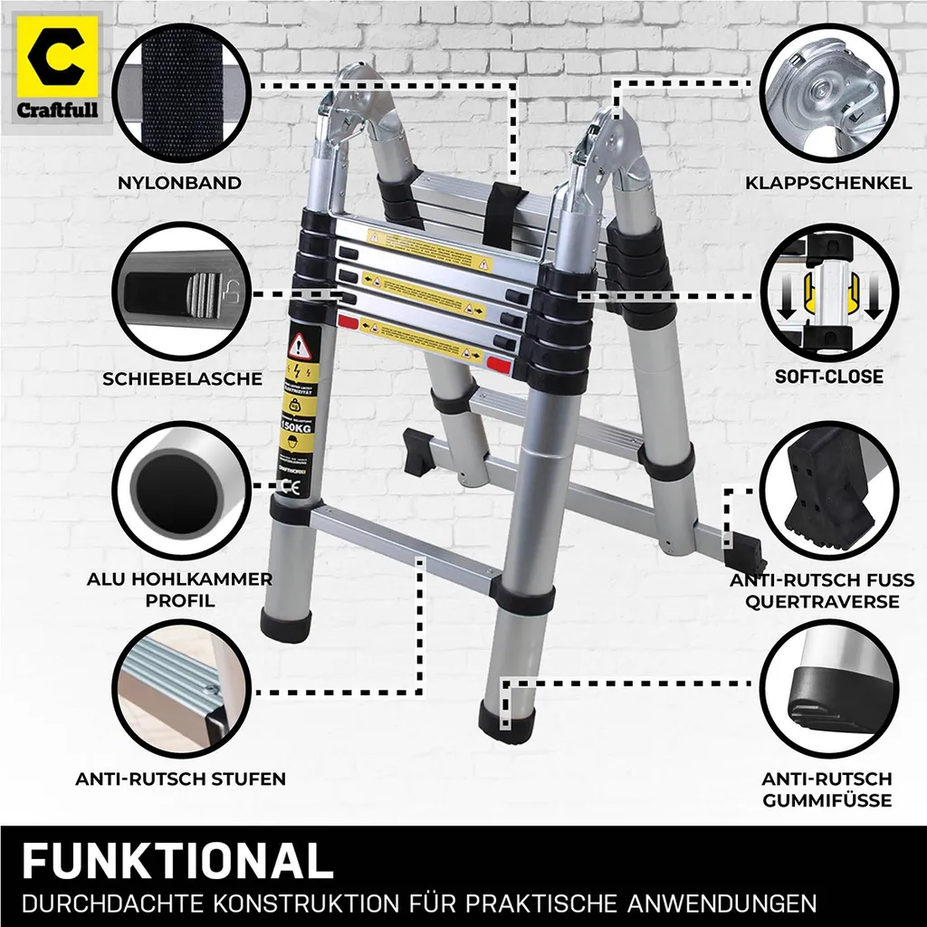 Craftfull Klappleiter CF-102B - Soft-Close-Funktion - Aluminium Klappleiter - Teleskopleiter - Tragetasche - Anlegeleiter - 2 X 1.6 Meter (Total 3.2 M) 2 Craftfull Klappleiter CF-102B - Soft-Close-Funktion - Aluminium Klappleiter - Teleskopleiter - Tragetasche - Anlegeleiter - 2 X 1.6 Meter (Total 3.2 M) – Bild 2