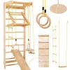 Physionics® Sprossenwand Set - Für Kinder/Erwachsene, Inkl. Klimmzugstange/Ringe/Trapez/Schrägbrett/Strickleiter, Aus Holz, Bis 100kg