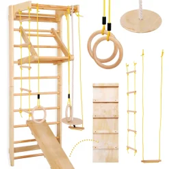 Physionics® Sprossenwand Set - Für Kinder/Erwachsene, Inkl. Klimmzugstange/Ringe/Trapez/Schrägbrett/Strickleiter, Aus Holz, Bis 100kg