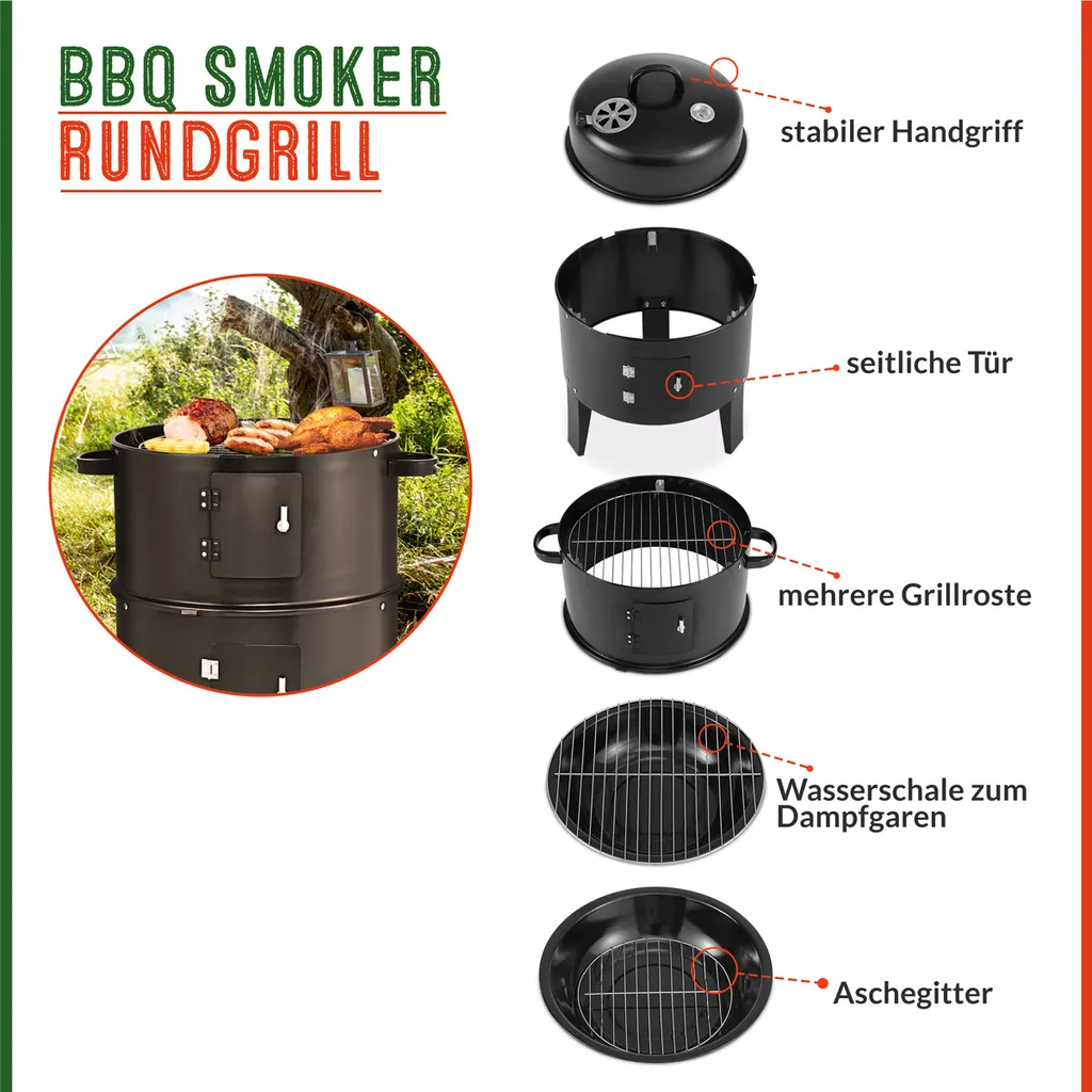 Deuba 3in1 Smoker Inkl. Thermometer Leichter Transport Räucherofen Holzkohlegrill BBQ Rundgrill Räuchertonne 6 Deuba 3in1 Smoker Inkl. Thermometer Leichter Transport Räucherofen Holzkohlegrill BBQ Rundgrill Räuchertonne – Bild 6