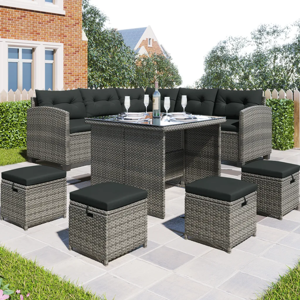 Merax Gartenlounge-Set Polyrattan Lounge Für 9 Personen, 5er Ecksofa, 1xTisch Mit Glas, 4x Hocker Mit Kissen, Gartenmöbel Set Balkonset, Grau 2 Merax Gartenlounge-Set Polyrattan Lounge Für 9 Personen, 5er Ecksofa, 1xTisch Mit Glas, 4x Hocker Mit Kissen, Gartenmöbel Set Balkonset, Grau – Bild 2