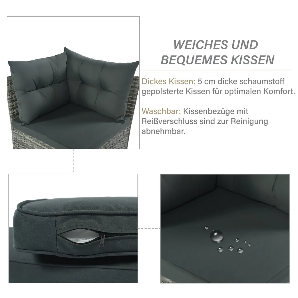 Merax Gartenlounge-Set Polyrattan Lounge Für 9 Personen, 5er Ecksofa, 1xTisch Mit Glas, 4x Hocker Mit Kissen, Gartenmöbel Set Balkonset, Grau 4 Merax Gartenlounge-Set Polyrattan Lounge Für 9 Personen, 5er Ecksofa, 1xTisch Mit Glas, 4x Hocker Mit Kissen, Gartenmöbel Set Balkonset, Grau – Bild 4
