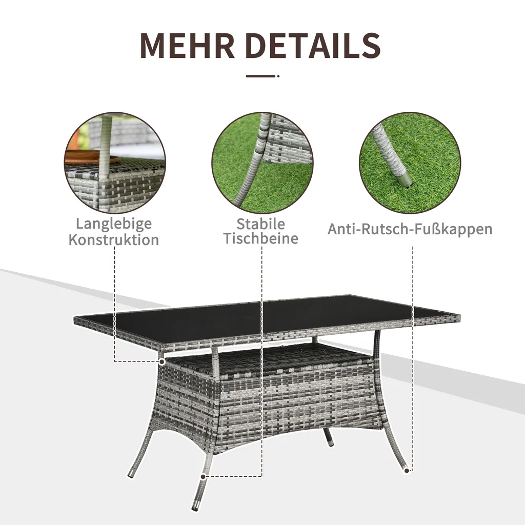 Outsunny Gartentisch Glastisch Esstisch Gartenmöbel Tisch, Polyrattan+Sicherheitsglas, Grau+Schwarz, 150x85x74cm 3 Outsunny Gartentisch Glastisch Esstisch Gartenmöbel Tisch, Polyrattan+Sicherheitsglas, Grau+Schwarz, 150x85x74cm – Bild 3