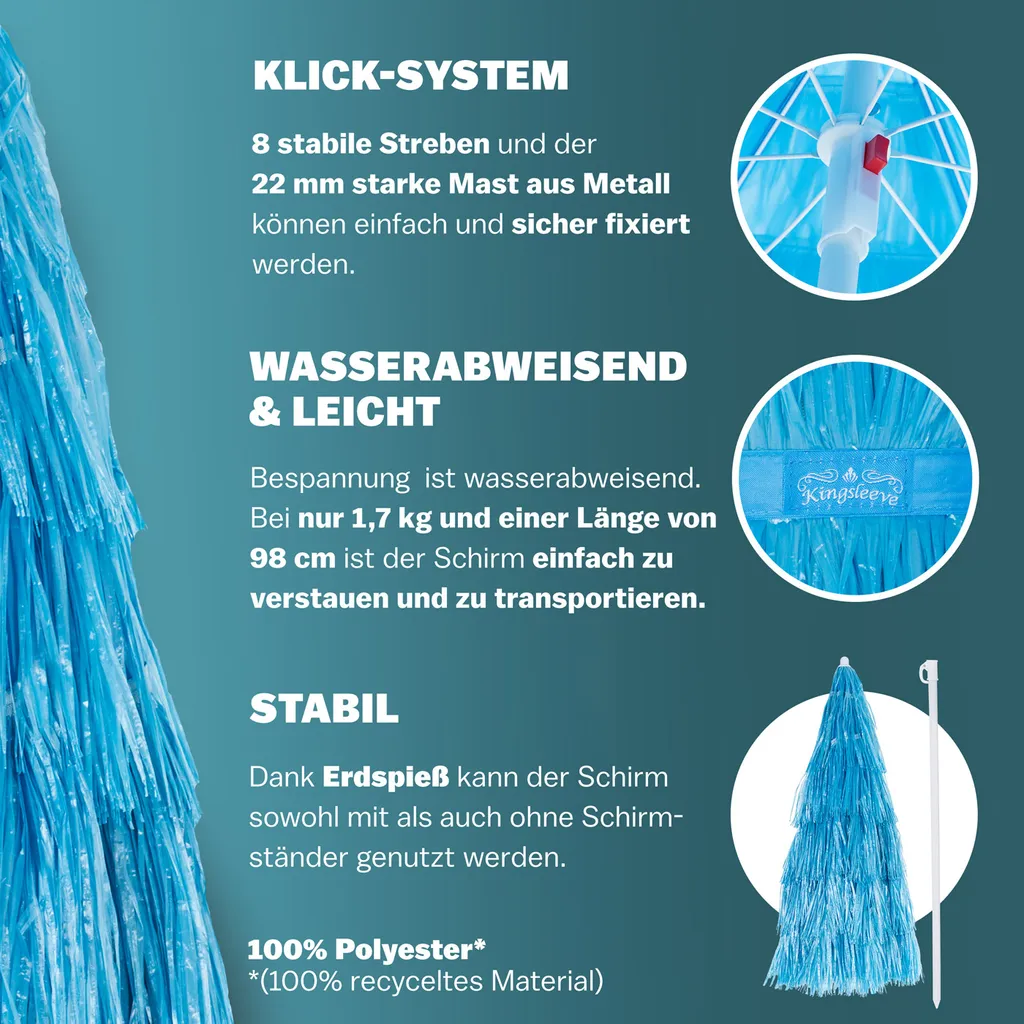 Parasol Kingsleeve Sonnenschirm Hawaii Ø 160 Cm Neigbar Höhenverstellbar Wasserabweisend Erdspieß Mehrfarbig Bastschirm Hawaiischirm Strandschirm Strandsonnenschirm, Farbe:blau - Blue - Bleu 4 Parasol Kingsleeve Sonnenschirm Hawaii Ø 160 Cm Neigbar Höhenverstellbar Wasserabweisend Erdspieß Mehrfarbig Bastschirm Hawaiischirm Strandschirm Strandsonnenschirm, Farbe:blau - Blue - Bleu – Bild 4