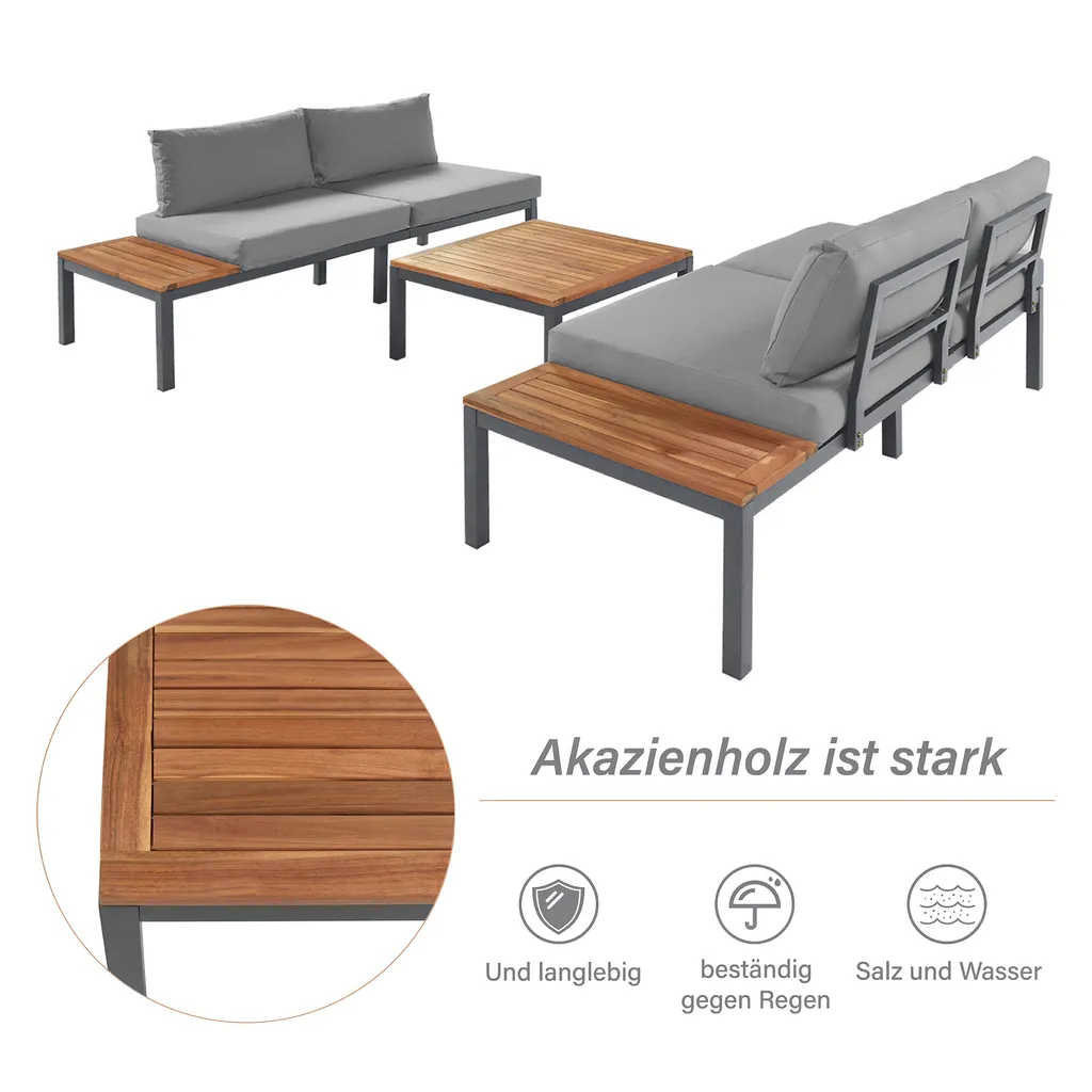 Merax Gartenmöbelset 4-teilig Loungeset Loungegruppe Aus Akazienholz Und Stahlrahmen, Balkonmöbel Set Mit Tisch Und Kissen, 250*172*67cm 2 Merax Gartenmöbelset 4-teilig Loungeset Loungegruppe Aus Akazienholz Und Stahlrahmen, Balkonmöbel Set Mit Tisch Und Kissen, 250*172*67cm – Bild 2