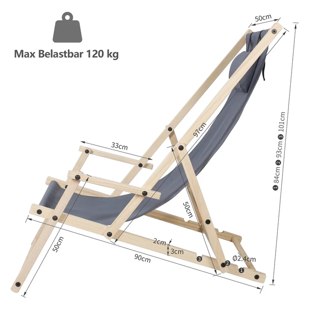 Wolketon Liegestuhl Strandliege Holz Campingstuhl Klappbar Liege 120kg Klappliege Grau 2 Wolketon Liegestuhl Strandliege Holz Campingstuhl Klappbar Liege 120kg Klappliege Grau – Bild 2