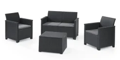 Keter Lounge Set Emma 8-teilig - Graphit , 2 Sessel + 2er Sofa + 1 Tisch Mit Aufbewahrungsbox-Funktion + 4 Sitzauflagen