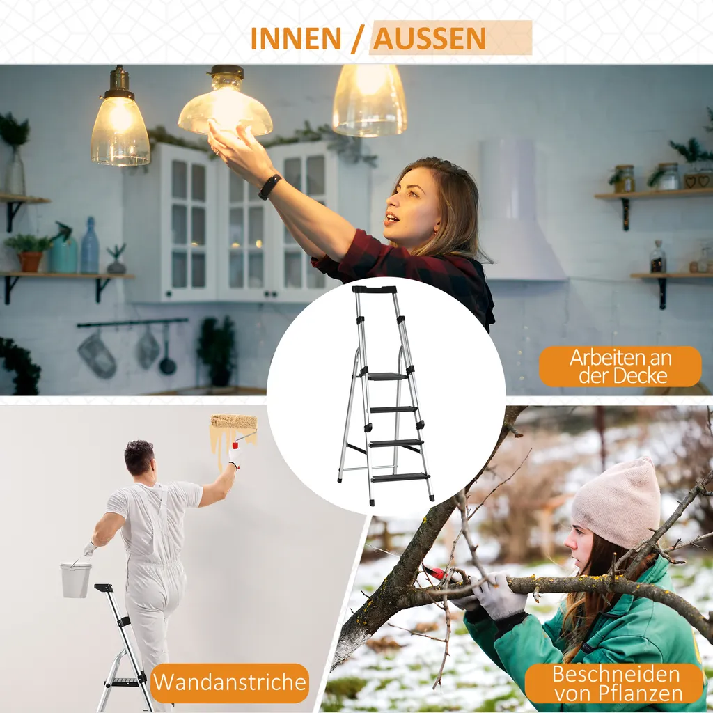 DURHAND Klapptritt Stehleiter Mit 4 Stufen Rutschfest Rostfrei Leiter Gerüstbock Mit Werkzeugablage Handlauf Bis 150 Kg Belastbar Inkl. Anti-Rutsch-Füße Alu 45,5 X 82 X 145 Cm 5 DURHAND Klapptritt Stehleiter Mit 4 Stufen Rutschfest Rostfrei Leiter Gerüstbock Mit Werkzeugablage Handlauf Bis 150 Kg Belastbar Inkl. Anti-Rutsch-Füße Alu 45,5 X 82 X 145 Cm – Bild 5