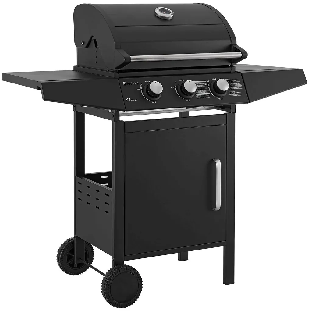 Juskys BBQ Gasgrill Louisiana 8,1 KW Mit 3 Brenner, Grillrost, Deckel Mit Thermometer, Warmhalterost & Seitenablagen – Grillwagen Mit Stahl Korpus 1 Juskys BBQ Gasgrill Louisiana 8,1 KW Mit 3 Brenner, Grillrost, Deckel Mit Thermometer, Warmhalterost & Seitenablagen – Grillwagen Mit Stahl Korpus
