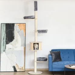 PawHut Kratzbaum Katzenbaum Deckenhoch Kletterbaum Mit Holz Katzenhöhle Sisal Plüsch Höhenverstellbar Grau 50 X 50 X 232-252 Cm -Garten- & Gewächshäuser Geschäft ddade2fefb40549671090369109b01cc