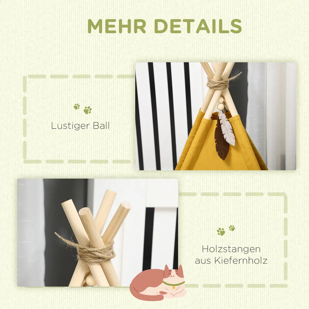 PawHut Tipi-Zelt Für Haustiere, Tierbett Im Tipi-Design, Katzenzelt Mit Kissen, Katzenhaus Mit Rutschfestem Boden Spielball, Hundebett Zum Schlafen, Katzenbett, Kiefernholz, Indoor, Gelb 6 PawHut Tipi-Zelt Für Haustiere, Tierbett Im Tipi-Design, Katzenzelt Mit Kissen, Katzenhaus Mit Rutschfestem Boden Spielball, Hundebett Zum Schlafen, Katzenbett, Kiefernholz, Indoor, Gelb – Bild 6