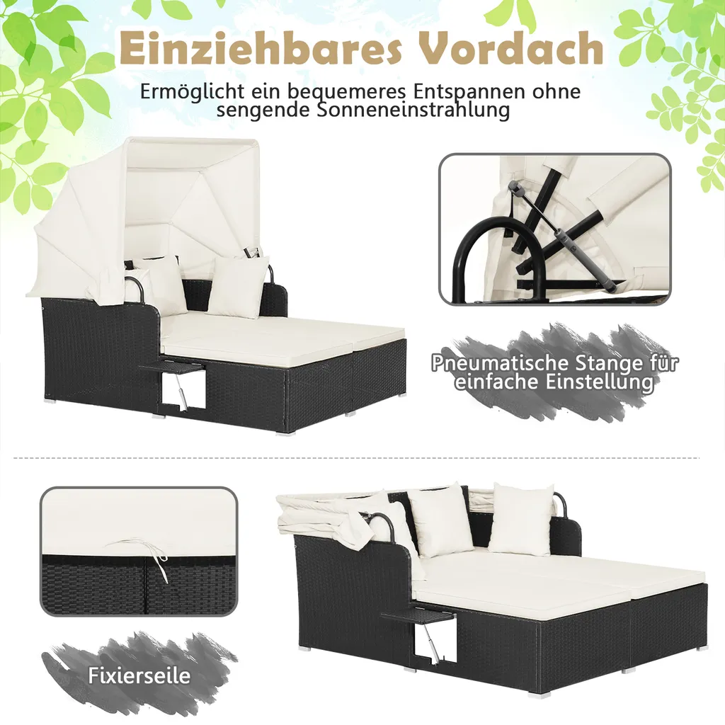 COSTWAY Rattan Sonnenliege Mit Einziehbarem Baldachin, 2-Personen Gartenliege Mit Klappbaren Tablett & Sitzkissen & Rückenkissen, Gartenlounge Terrassenmöbel Für Garten, Hinterhof 6 COSTWAY Rattan Sonnenliege Mit Einziehbarem Baldachin, 2-Personen Gartenliege Mit Klappbaren Tablett & Sitzkissen & Rückenkissen, Gartenlounge Terrassenmöbel Für Garten, Hinterhof – Bild 6