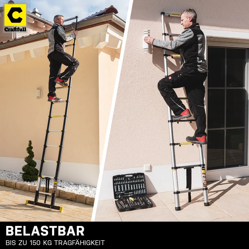 Craftfull Alu Teleskopleiter - Anlege - Leiter - Aluleiter - Stehleiter - Mehrzweckleiter - (3.2 Meter) 6 Craftfull Alu Teleskopleiter - Anlege - Leiter - Aluleiter - Stehleiter - Mehrzweckleiter - (3.2 Meter) – Bild 6