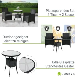 Juskys Polyrattan Balkon Set Bayamo 2 Personen – Tisch Mit Glasplatte & 2 Stühlen – Wetterfeste Balkonmöbel – Auflagen Waschbar – Schwarz – Grau -Garten- & Gewächshäuser Geschäft df5553366a87f9b726b28ca28d6a2d11