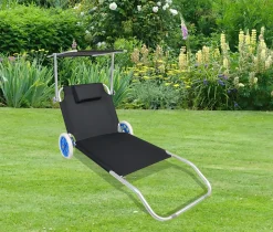 VCM Gartenliege Sonnenliege Liegestuhl Faltbar Klappbar Rollen Strandliege Dach Schwarz