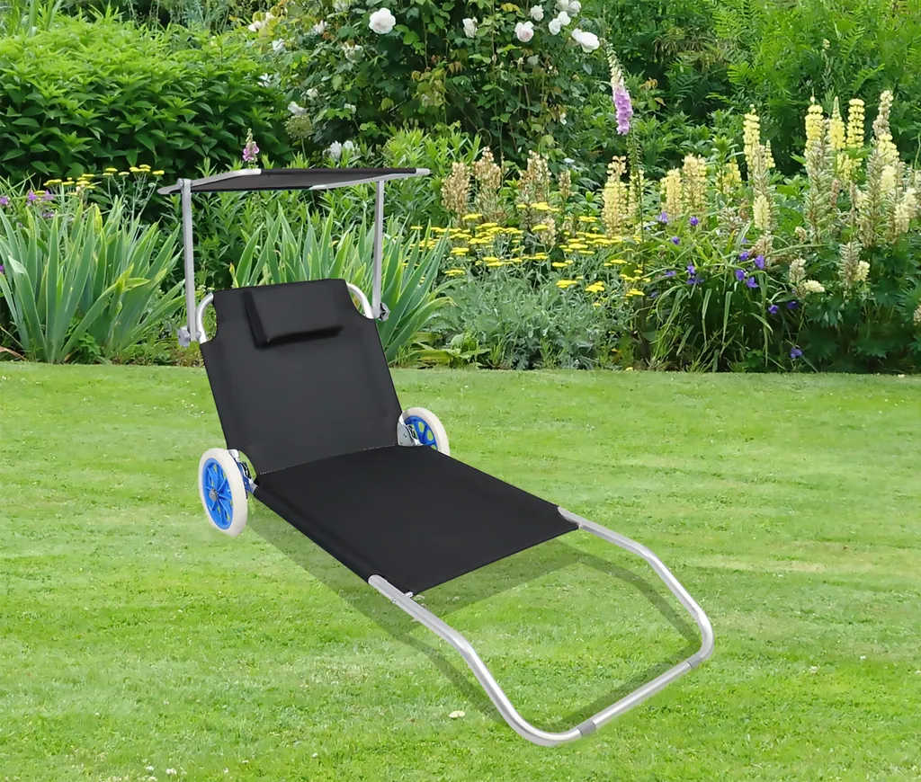 VCM Gartenliege Sonnenliege Liegestuhl Faltbar Klappbar Rollen Strandliege Dach Schwarz 1 VCM Gartenliege Sonnenliege Liegestuhl Faltbar Klappbar Rollen Strandliege Dach Schwarz