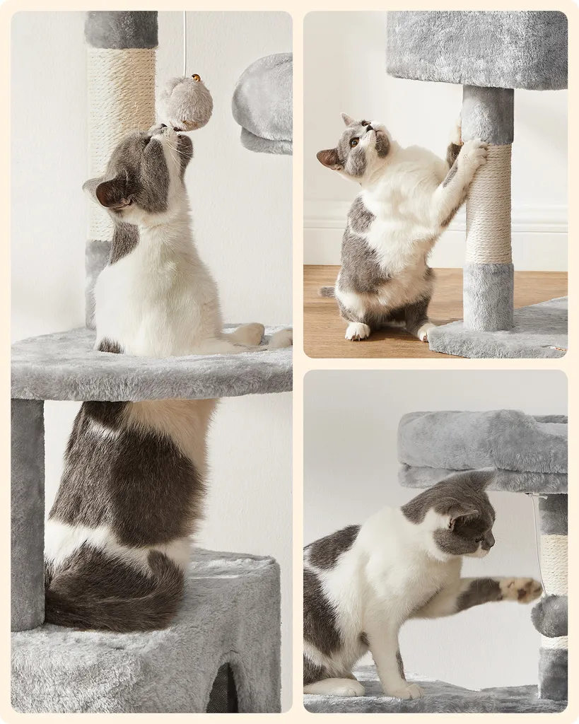 FEANDREA Kratzbaum, 142 Cm, Aussichtsplattformen, Kuschelhöhle, Fellball, Flauschige Liegemulde, Verstärktes Fundament, Kippschutz, Katzenbaum, Hellgrau PCT160W01 6 FEANDREA Kratzbaum, 142 Cm, Aussichtsplattformen, Kuschelhöhle, Fellball, Flauschige Liegemulde, Verstärktes Fundament, Kippschutz, Katzenbaum, Hellgrau PCT160W01 – Bild 6