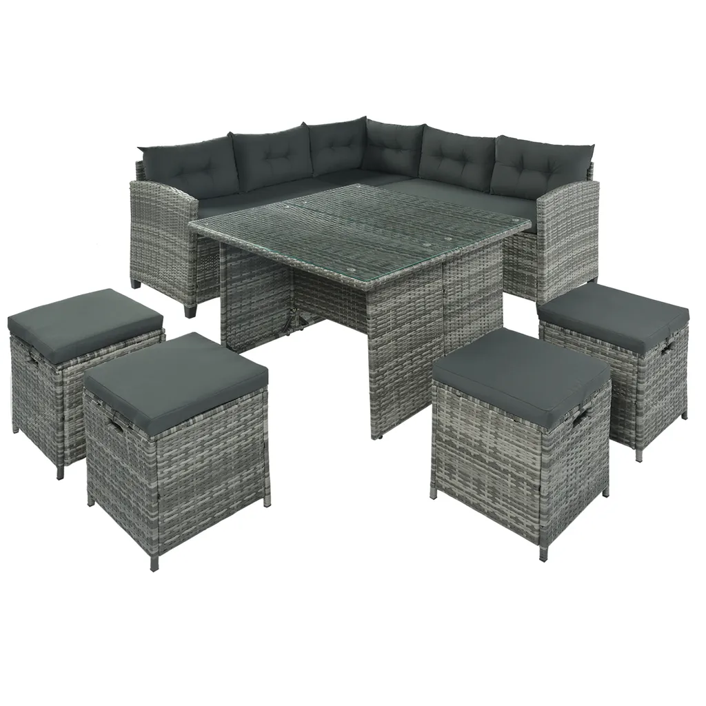 Merax Gartenlounge-Set Polyrattan Lounge Für 9 Personen, 5er Ecksofa, 1xTisch Mit Glas, 4x Hocker Mit Kissen, Gartenmöbel Set Balkonset, Grau 7 Merax Gartenlounge-Set Polyrattan Lounge Für 9 Personen, 5er Ecksofa, 1xTisch Mit Glas, 4x Hocker Mit Kissen, Gartenmöbel Set Balkonset, Grau – Bild 7