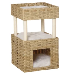 Pawhut Katzenhöhle Aus Rattan Katzenkorb Mit Kratzstamm 3-stöckiges Katzenbett Katzenhöhle Katzenturm Mit 3 Kissen Liegedach Sisal Natur 40 X 40 X 70 Cm