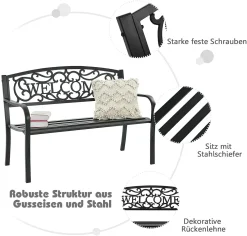 COSTWAY Gartenbank Parkbank Mit Welcome, 3 Sitzer Metallbank Gusseisen, Eisenbank Stahlrahmen, Sitzbank Belastbar Bis 320kg, Ruhebank Mit Rückenlehnen (Welcome-Schwarz) -Garten- & Gewächshäuser Geschäft e1d907c6ddf8c6e6e36090d8a2ce6304