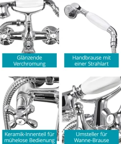 Calmwaters® Badewannenarmatur Retro Cross, Vintage-Wannenarmatur Mit Kreuzgriffen Und Handbrause, Wasserhahn Badewanne, Zweigriffmischer, Aufputzarmatur, Brauseabgang 1/2, Messing, Chrom, 13PZ2442 -Garten- & Gewächshäuser Geschäft e1eb2689e1770bdd23bf1f09e3ca646a