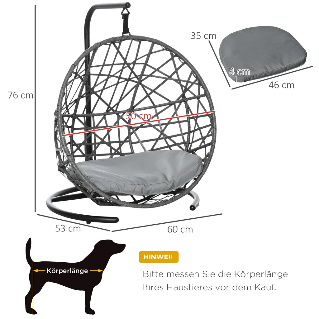 PawHut Rattan Hundehütte Mit Kissen Hundehaus Haustierbett Katzenhaus Katzenkorb Katzenhöhle Hängesessel Hängematte Für Hunde Katzen Outdoor Grau+Schwarz 60 X 53 X 76 Cm 3 PawHut Rattan Hundehütte Mit Kissen Hundehaus Haustierbett Katzenhaus Katzenkorb Katzenhöhle Hängesessel Hängematte Für Hunde Katzen Outdoor Grau+Schwarz 60 X 53 X 76 Cm – Bild 3